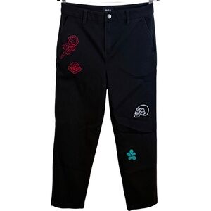 RVCA for Mark Oblow Black Chinos Embroidered Roses Skull Spiderweb Pants Size 27